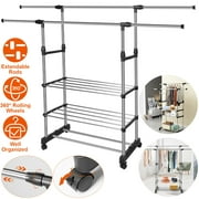 iMounTEK Adjustable Double Rods Clothes Garment Rack, Rolling Clothing Rack with Bar Rails for Hanging Clothes and Shoes, 3 Layers