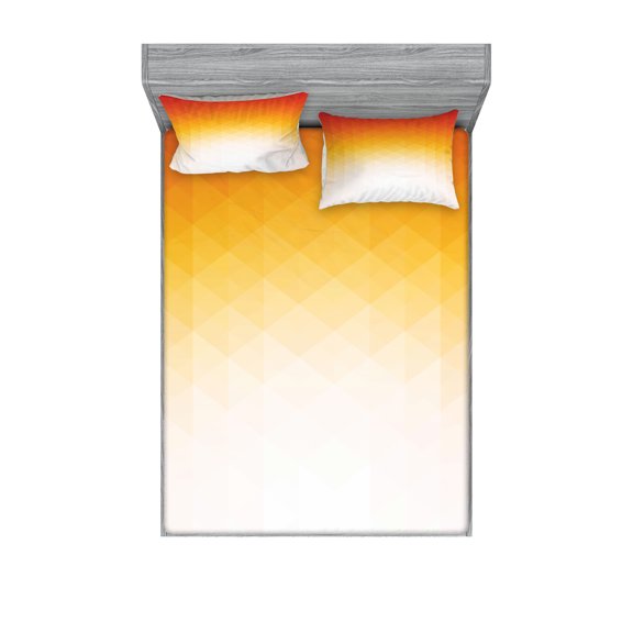 Ambesonne Modern Fitted Sheet & Pillow Sham Set, Digital Retro Triangle, Full, Orange Yellow Cream