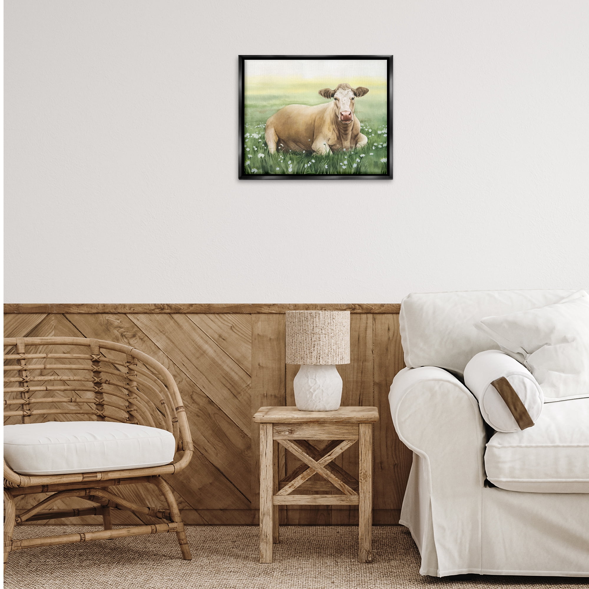 Stupell Industries Resting Beige Cow Animals & Insects Painting Black Floater Framed Canvas Art Print Wall Art, 21 x 17