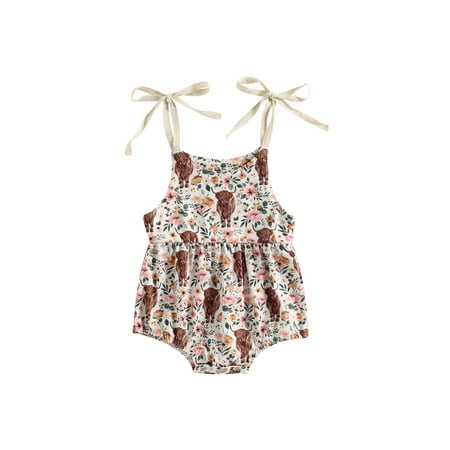 

Newborn Baby Girls Summer Bodysuit Sling Romper Sleeveless Cattle Head Floral Print Playsuits