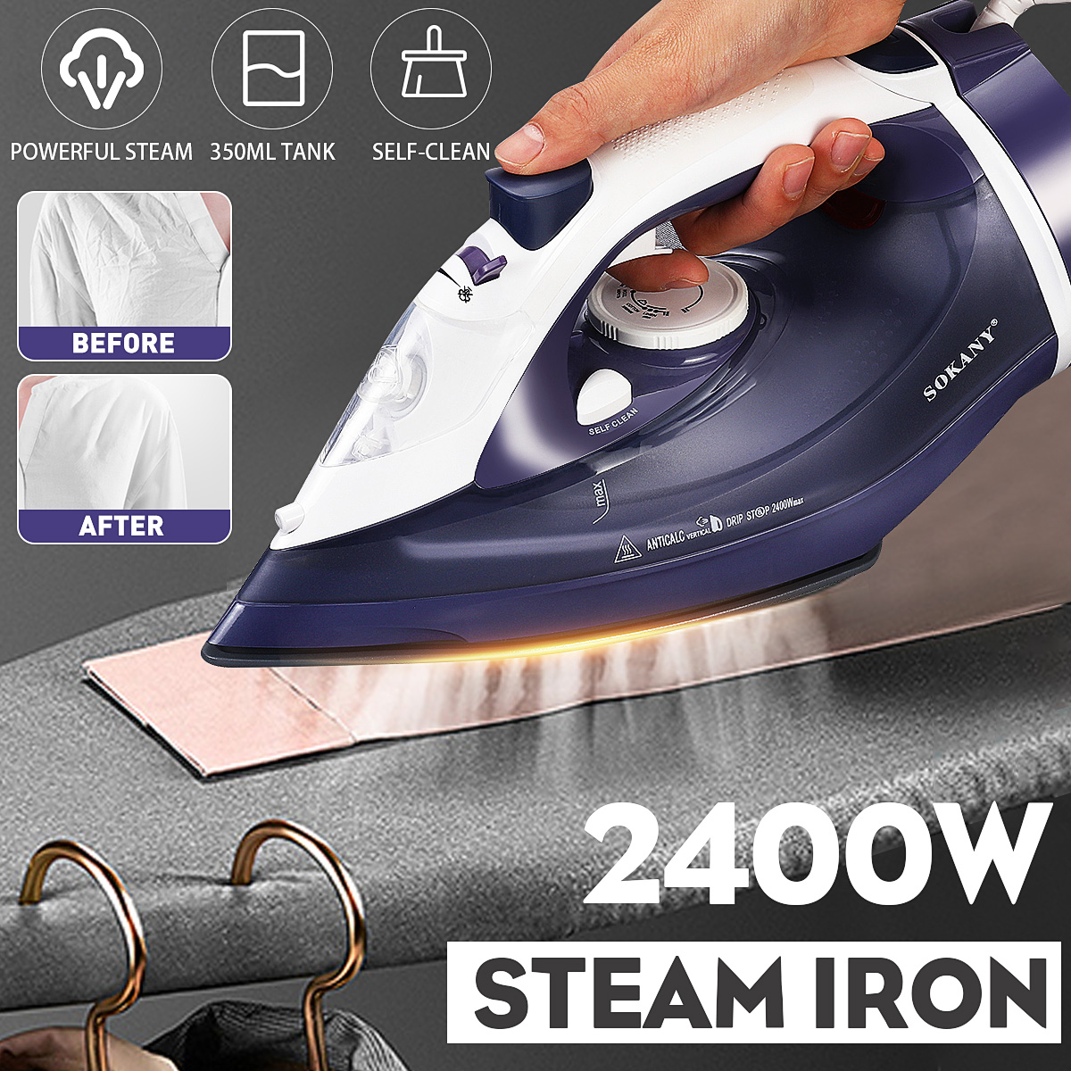 2400W Handheld Steam Iron Compact Lightweight, Purple 4.5×5.9×12.6