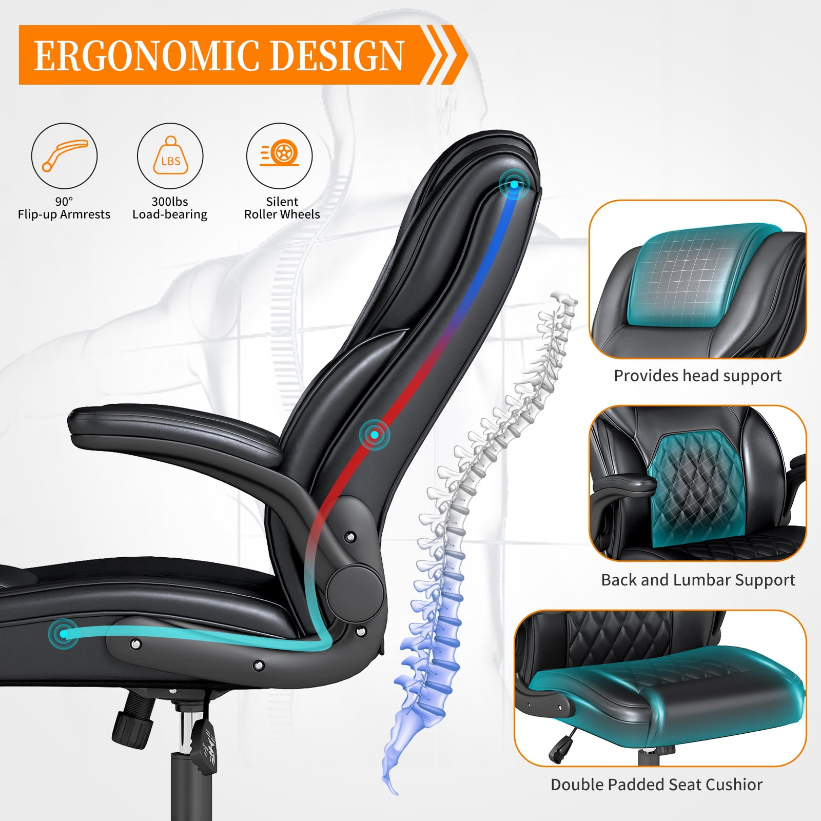 YERAIRR  Leather Office Chair  Big and Tall Wide Seat Task Chair Ergonomic Computer Desk Chair High Back, Adjustable Armrests, Thick Seat Cushion Black
