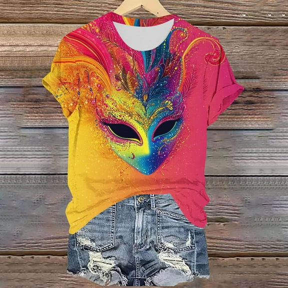 REORIAFEE 2025 Mardi Gras Shirts Mask Prints Short Sleeved Shirts Crewneck Carnival Fancy Tees Theme Party Funny Tops Loose Blouse Multicolor L