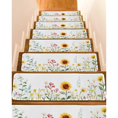 Sunflower Stair Treads for Wooden Steps Indoor Runner Rug Carpet Yellow Summer Botanical Country 4 Pieces Peel and Stick Staircase Step Treads Covers Washable Throw Door Mats 30 x8
