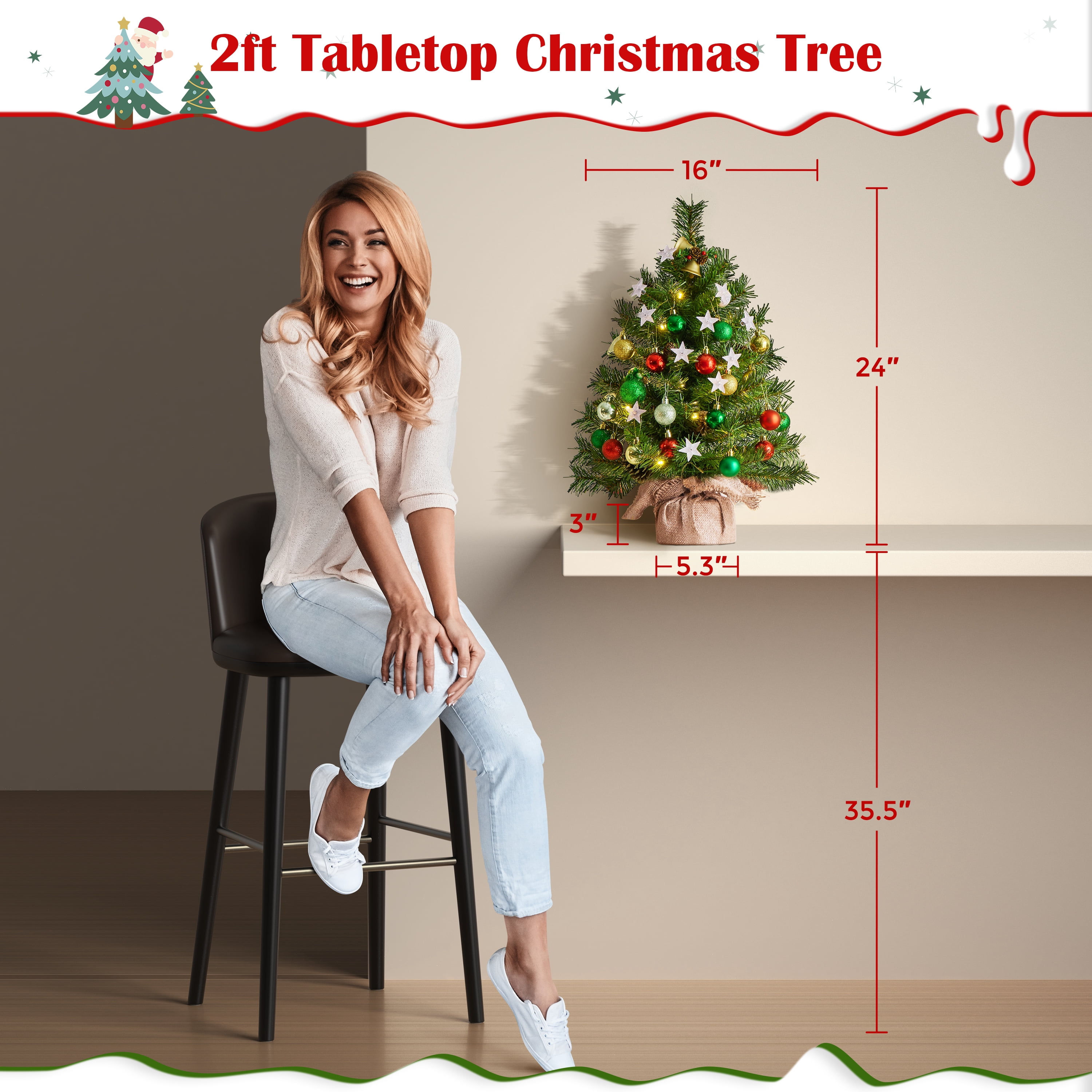 Alden Design Set of 2 2FT Tabletop Christmas Trees with Warm White LED Lights and Decorative Accents, Green