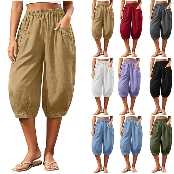 Zulora Women's High Waisted Wide Leg Capri Pants Stretchy Elastic Waist Pleated Cropped Trousers Loose Casual Summer Pants