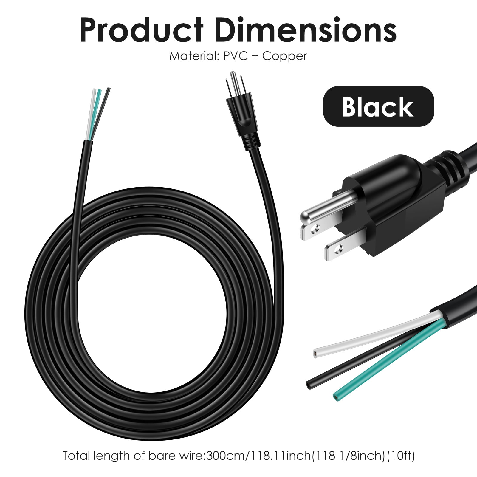 Grusce 10FT Replacement Power Cord for Appliances Power Tools, 14AWG 3 Prong Open End Pigtail 15A 1875W 125V 5-15P for Air Conditioner Dishwasher Refrigerator Dryer