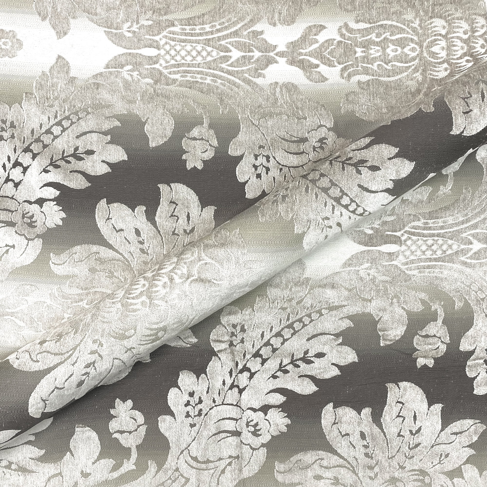 Lustrous Silver Velvet Damask Upholstery Fabric 54" by the Yard