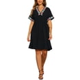 thumbnail image 2 of INSPIRE CHIC Boho Babydoll Dress for Women's Summer Embroidered V Neck Short Sleeve Flowy Shift Dress XS Black, 2 of 6