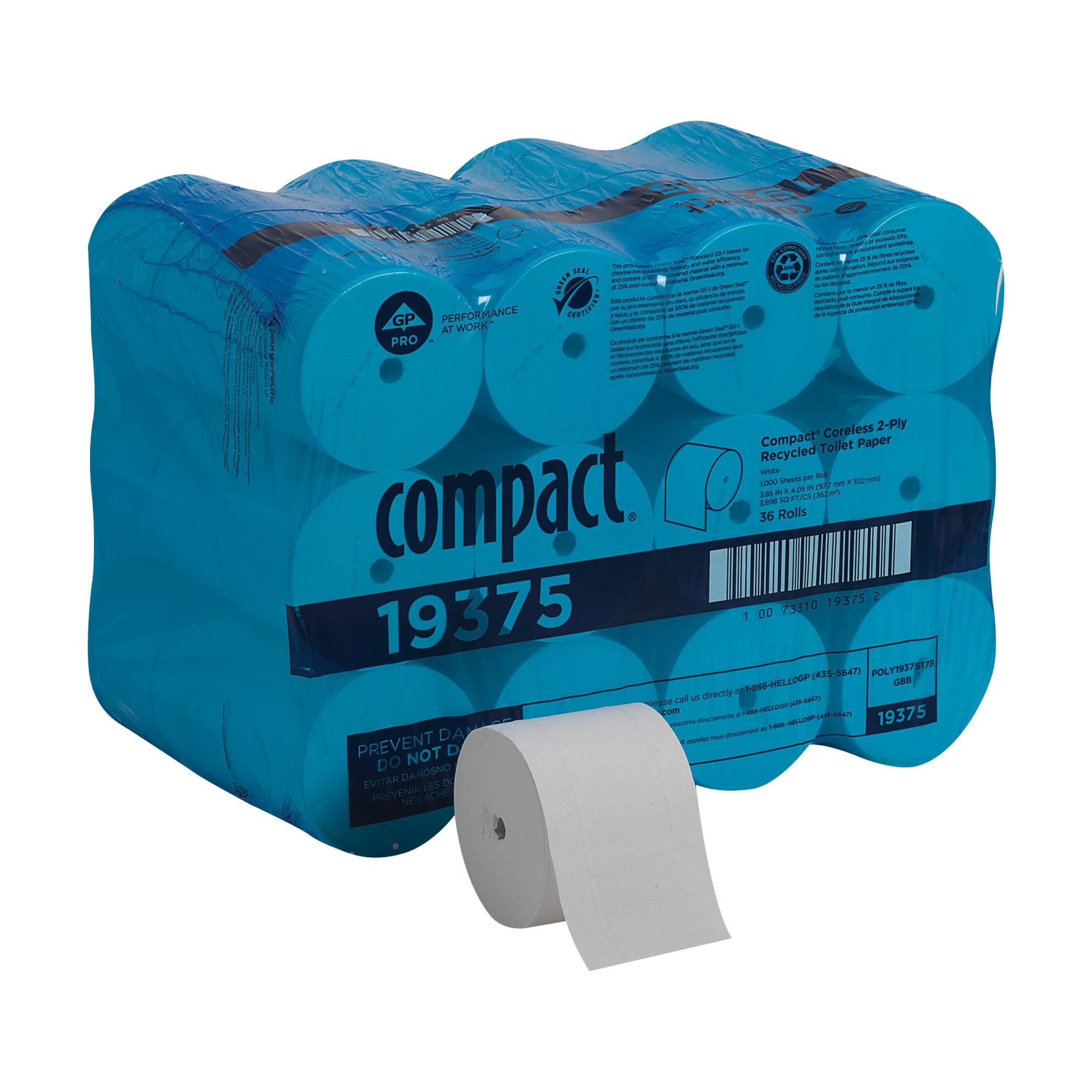 GEORGIA-PACIFIC 19375 Compact(R) Coreless Toilet Paper, 2 Ply, 1000 Sheets, PK36