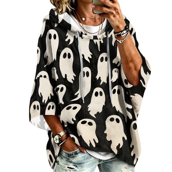 FGVCTG Halloween Sweatshirts for Women Drawstring 3/4 Sleeve Halloween Hoodie Ghost Graphic Spooky Oversized Pullover Hoodies Black M
