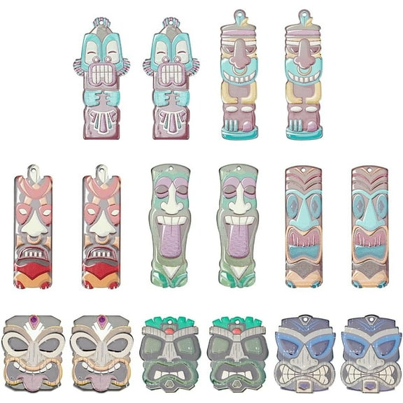 18 Pcs Acrylic Tiki Pendant Charms 9 Styles Hawaiian Style Printed Tiki Totem Charms Cartoon Pharaoh Rectangular Pendants Accessories for DIY Jewelry Making Keychain and Crafting DIY