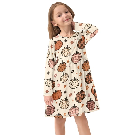 Girls Dress Soft Casual Long Sleeve Cute Dress for Girls Fashion Prints Polka Dot Pumpkin Crew Neck