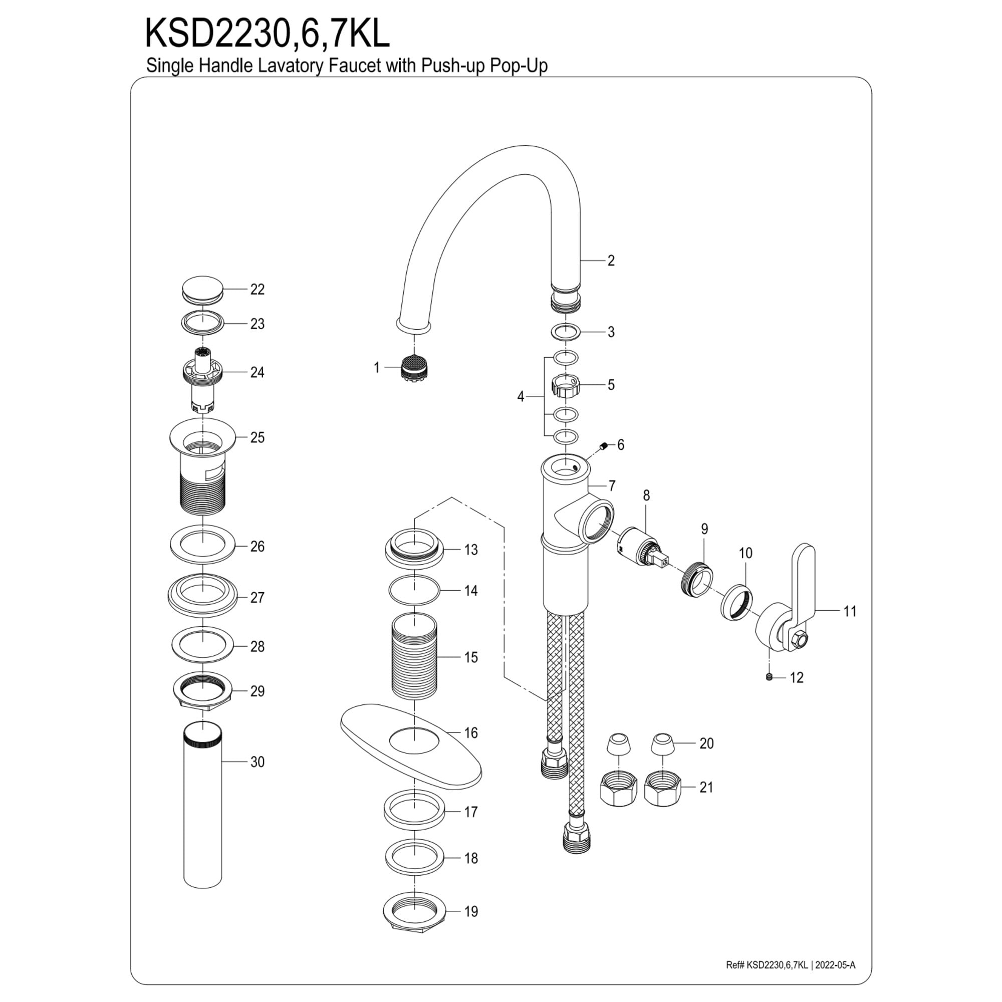 Kingston Brass KSD2237KL Whitaker One-Handle Single-Hole Bathroom Faucet with Deck Plate and Push Pop-Up Drain, Matte Black/Rose Gold