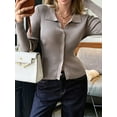 thumbnail image 5 of Women Long Sleeve Button Down Ribbed Knit Cardigan Shirt Casual Slim Fit Collared Sweater Top Camel XL, 5 of 8