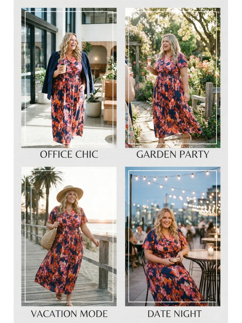 Cassie LIZ Dresses for Women Plus Size 2X Blue Orange Floral Fall Dresses Fashion Midi Sundresses Short Sleeve V Neck Dresses Loose Fit Summer Dress