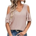 thumbnail image 5 of vdgthytj Womens Cold Shoulder Tops Summer Eyelet Hollow out V Neck Short Sleeve Shirts Trendy Going out Tunic Blouses, 5 of 5