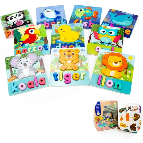 10-Pack Wooden Toddler Puzzles, Montessori Toy for Ages 2-4, Early Learning Preschool Gift