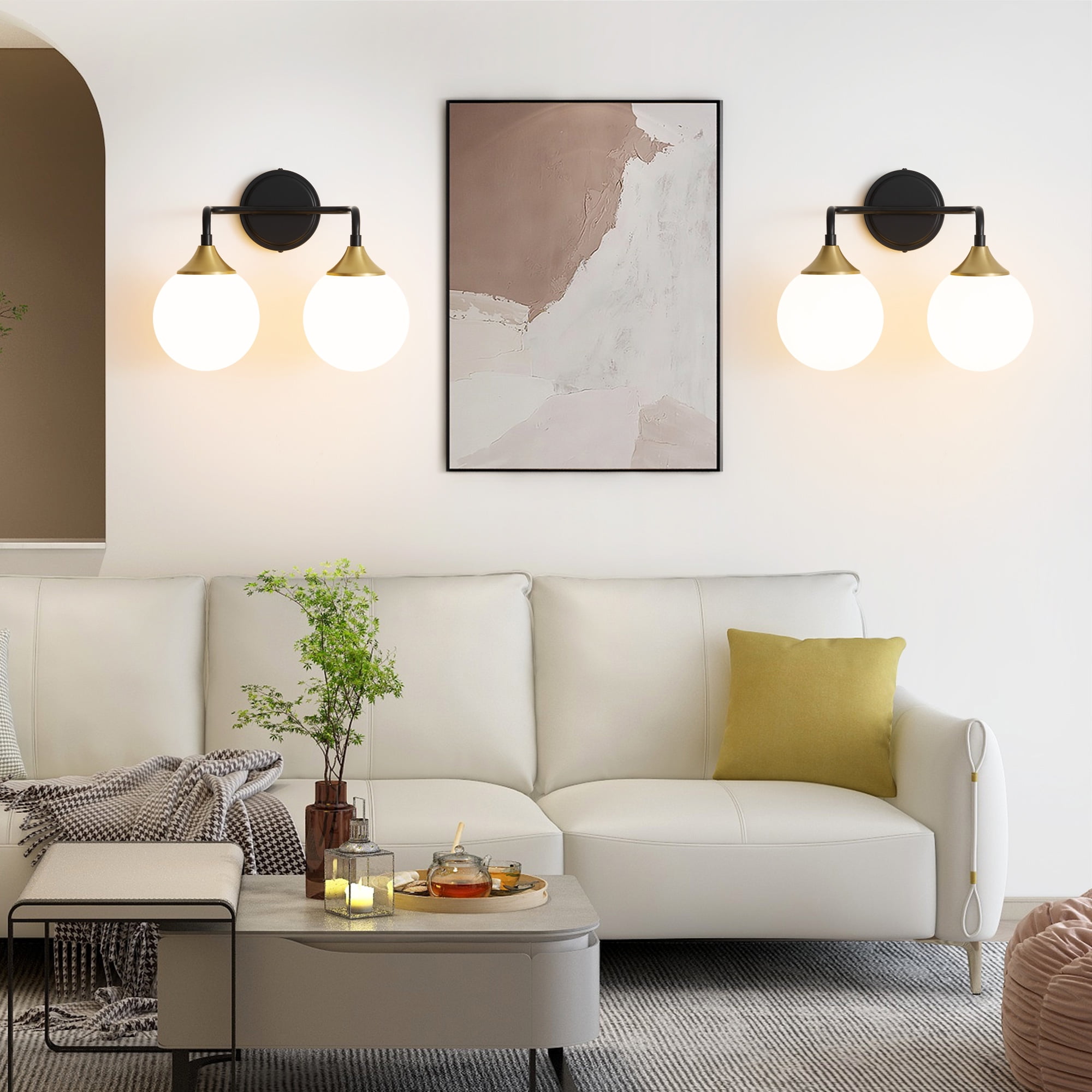Deyidn 2-Light Black and Gold Modern Vanity Light, 14 Inch Dimmable Bathroom Light Fixture with Opal Glass Globes for Mirror