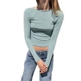 thumbnail image 2 of Liacowi Women’s Summer Slim Short T-Shirt, Solid Color Long-Sleeve Round Neck Slim Cropped Tops, 2 of 4