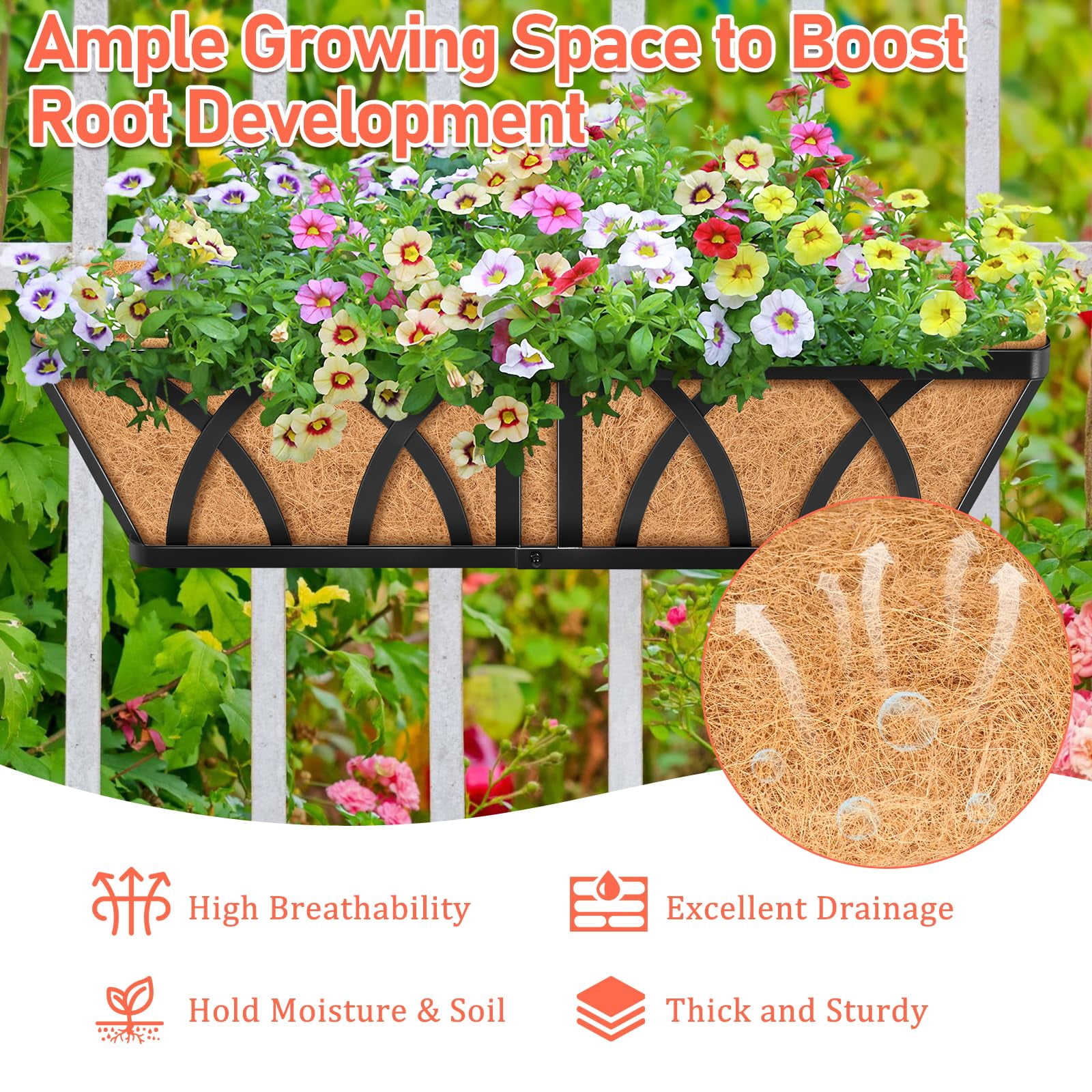 24in Metal Railing Planter Window Box 3 Pack For Deck Balcony Porch Fence Indoor Outdoor Plants