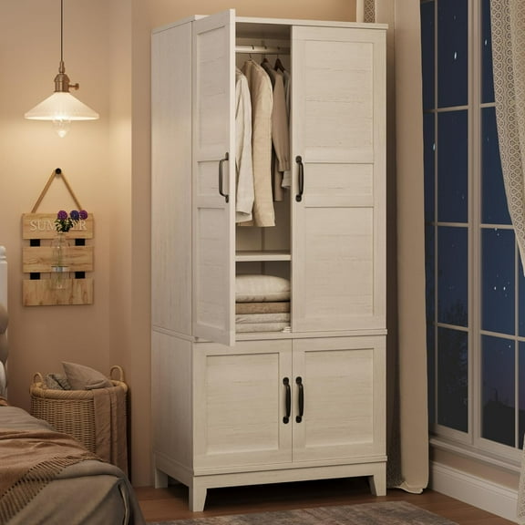 Armoire Wardrobe Closet with 4 Doors, 72" Wooden Wardrobe Cabinet with Hanging Rod and 18 Adjustable Shelvesm, White