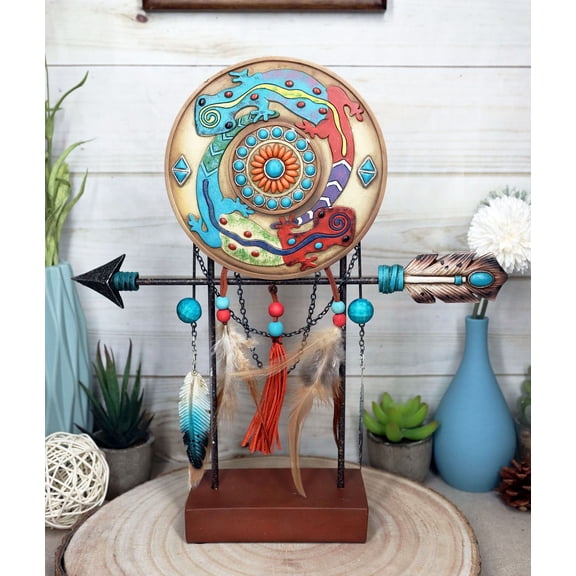 Southwestern Gecko Lizards Arrow Dreamcatcher Feathers Desktop Plaque Figurine