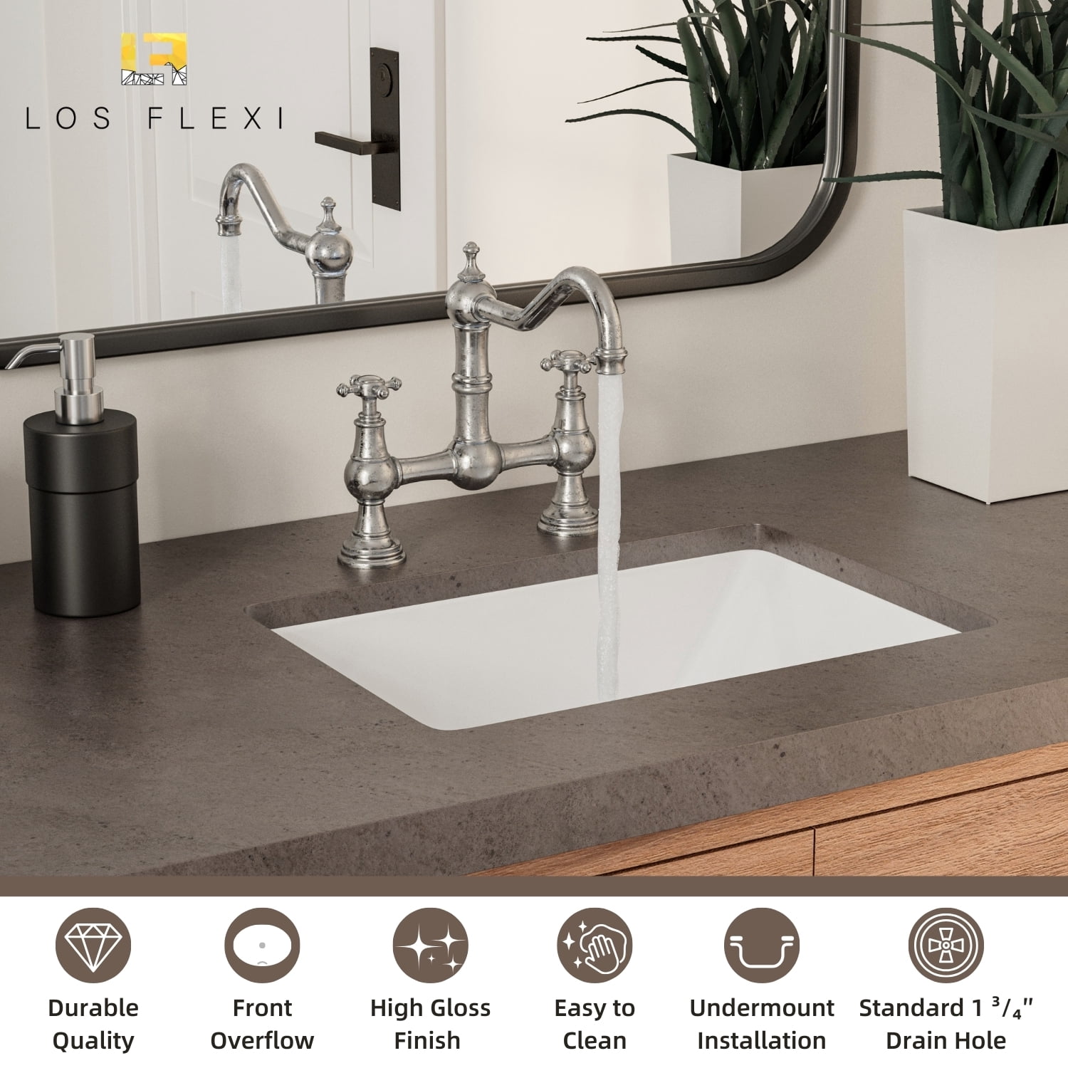 Los Flexi 18″ x 13″ Undermount Bathroom Sink Rectangle, White Ceramic Undermount Lavatory Sink with Overflow