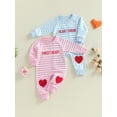 thumbnail image 3 of BemeyourBBs Newborn Baby Boy Girl Valentines Day Outfits Striped Plaid Romper Long Sleeve Crew Neck Heart Letters Embroidery Jumpsuit Cute Fall Winter Spring Clothes, 3 of 9