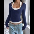 thumbnail image 4 of Camisetas Henley de Larga para Mujer, Blusa Básica Informal de Punto Acanalado con Botones y Corte Ajustado. Azul Marino XL, 4 of 7