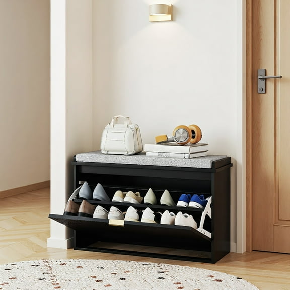 Spaco 31.5x10.2x18.7 Inches Shoe Storage Bench with Padded Seat Cushion and Flip-Drawer, Entryway Bench, Shoe Cabinet for Indoor as Living Room, Entryway, Black