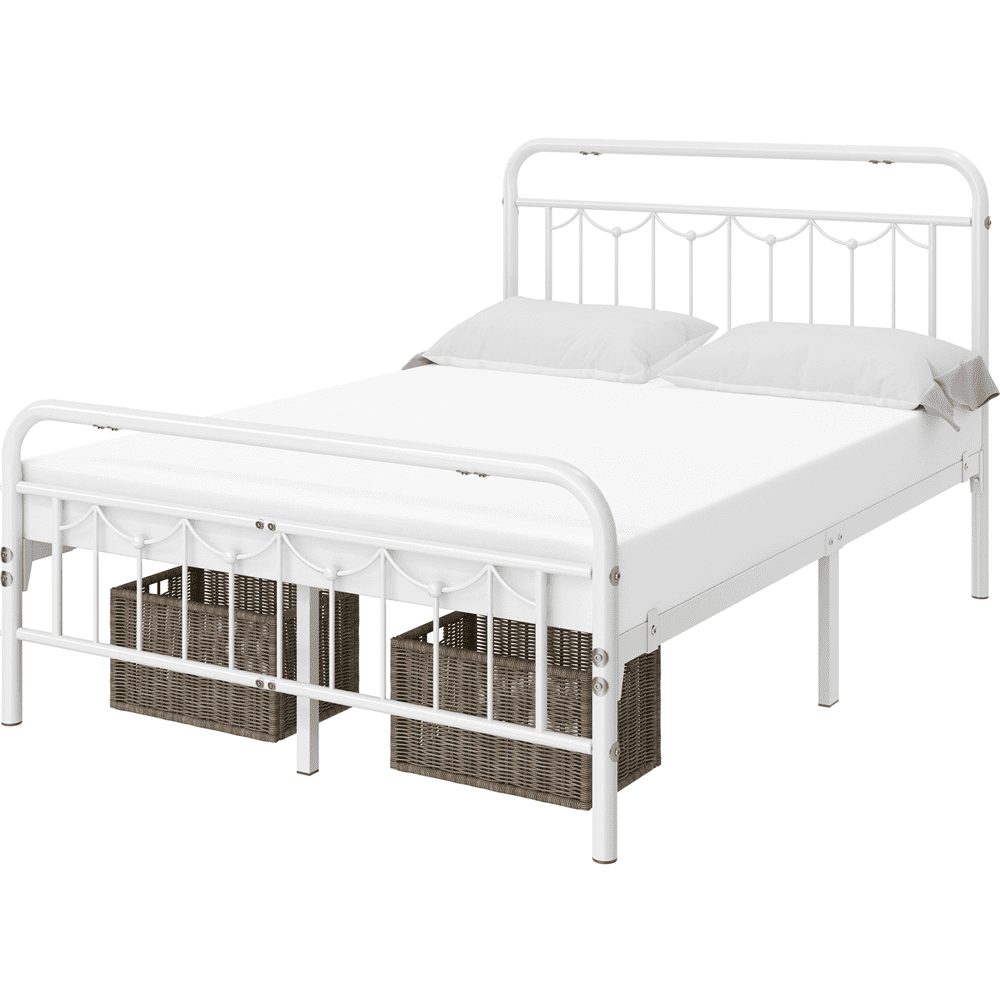 Alden Design Metal Platform Bed Frame for Adult with Vintage Headboard and Footboard, Full, White