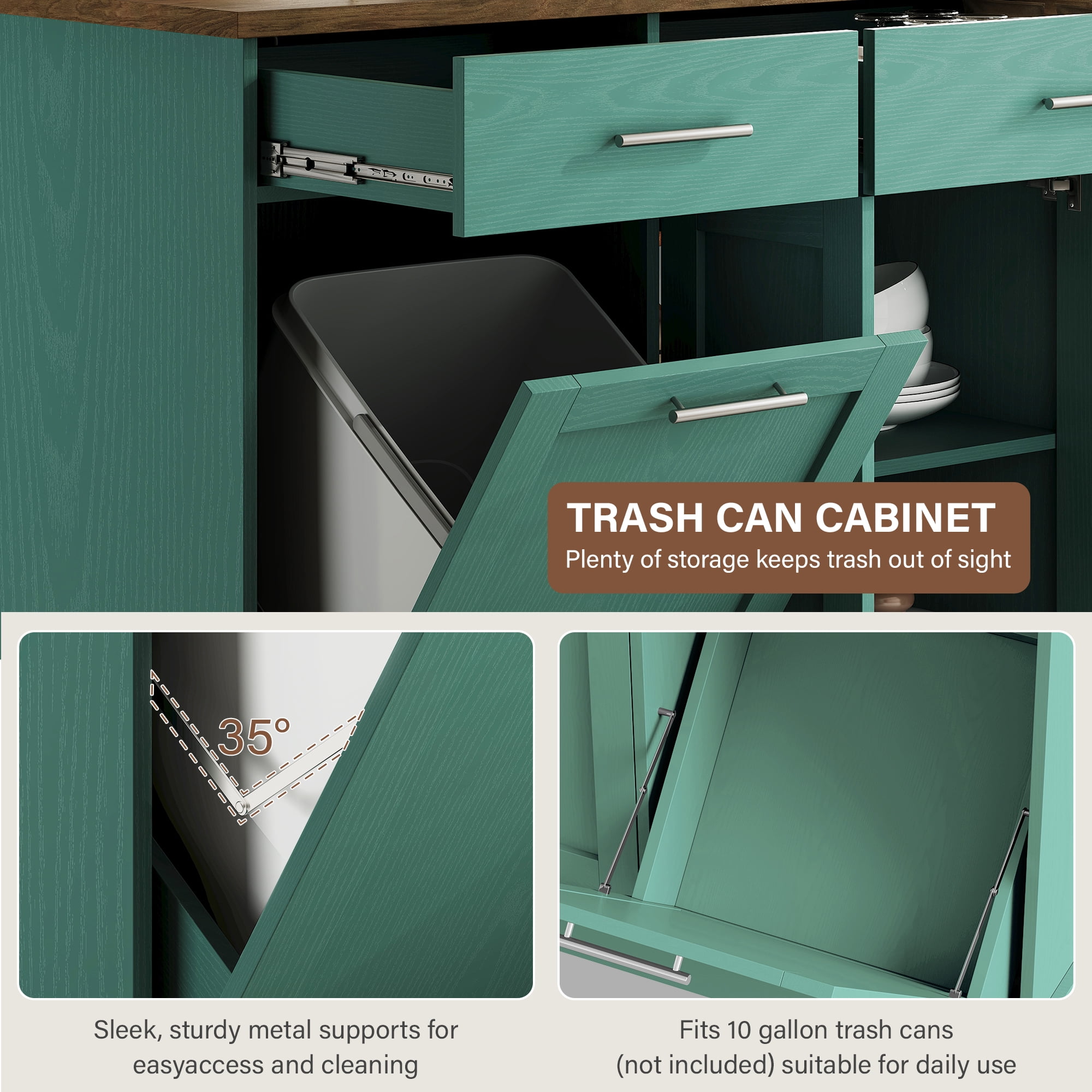 4 EVER WINNER 53" Rolling Kitchen Island on Wheels, Mobile Kitchen Cart with Trash Can Storage, 3-Tier Spice Rack & Adjustable Shelves, Kitchen Island Table for Versatile Kitchen Storage, Deep Green