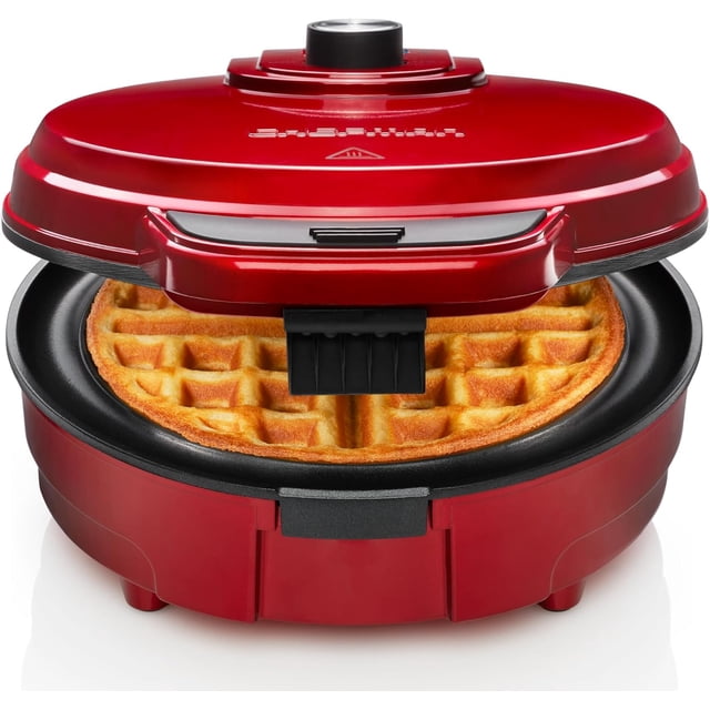 TEMOGU-Anti-Overflow Belgian Waffle Maker w/ Shade Selector, Temperature Control, Mess Free Moat, Round Iron w/ Nonstick Plates & Cool Touch Handle, Measuring Cup Included, Red