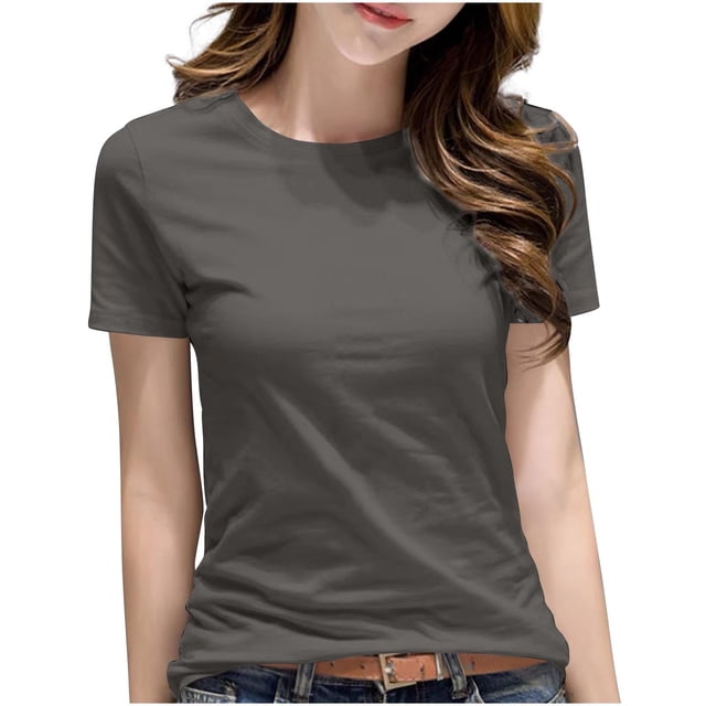 Hauts Basiques en Coton pour Femmes Grande Taille T-Shirt à Manches Courtes Chic Décontracté Coupe Classique Col Rond T-Shirts Gris Foncé, 5TG