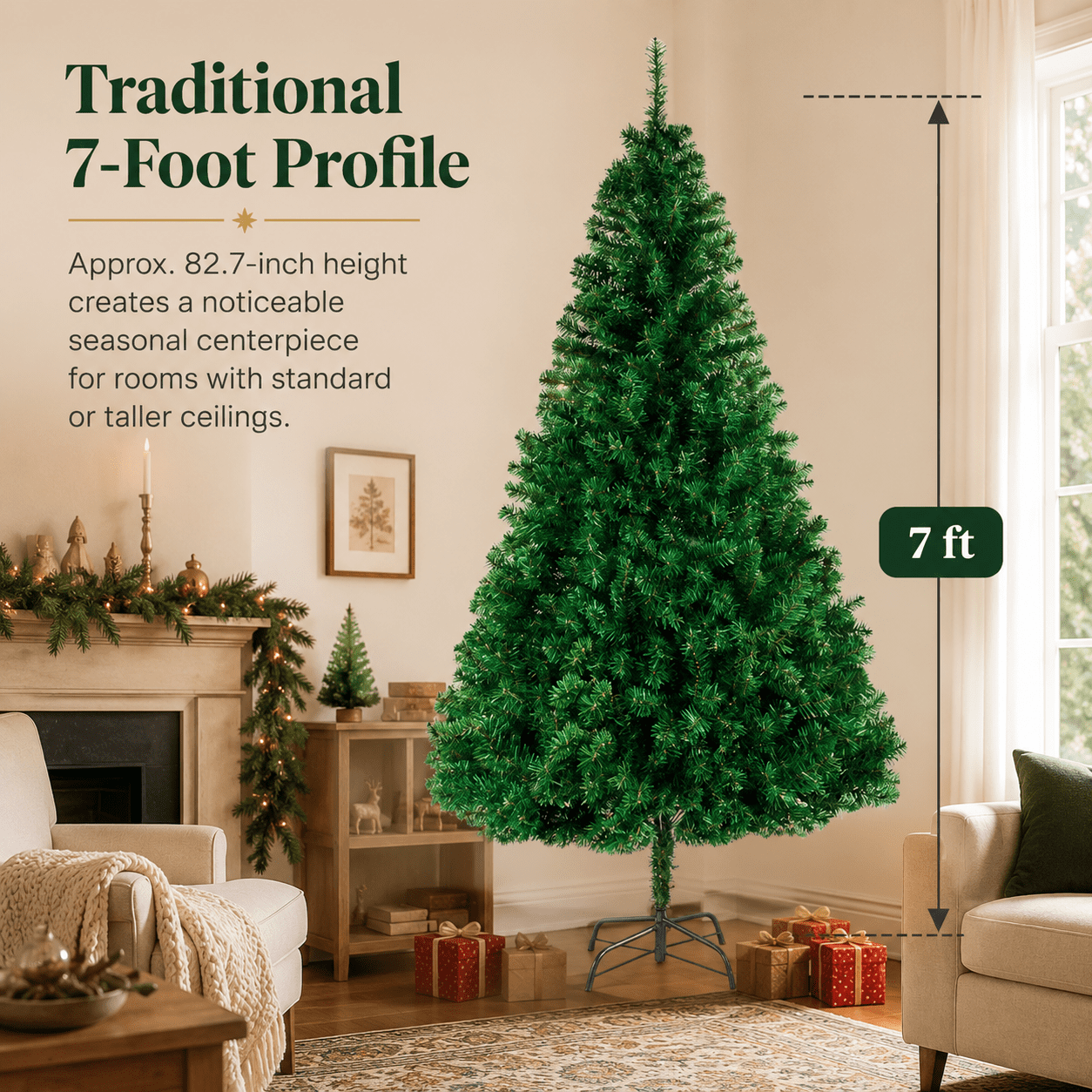 Alvantor 7 ft Unlit Artificial Christmas Tree with 1100 PVC Branch Tips and 3-Screw Metal Stand, Green