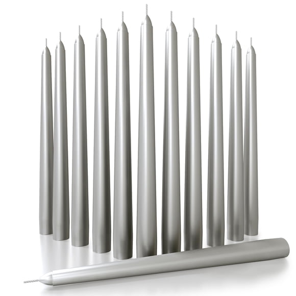 Juego de 12 velas CANDWAX en forma de cono plateado, 25 cm, sin goteo