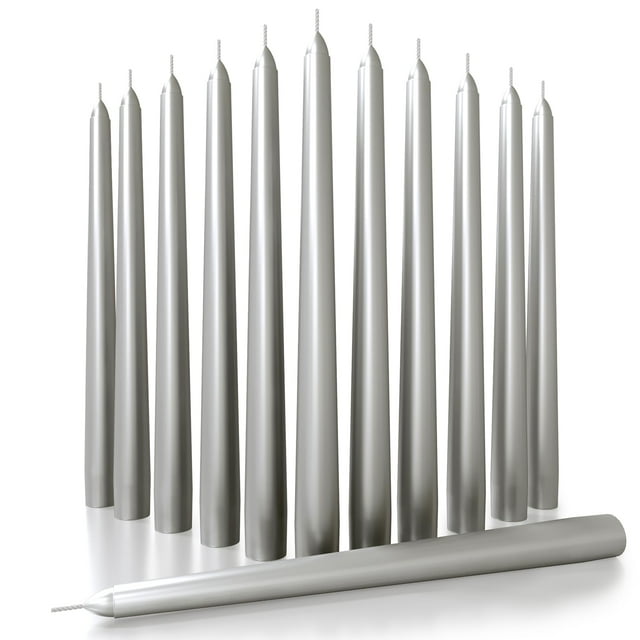 Juego de 12 velas CANDWAX en forma de cono plateado, 25 cm, sin goteo