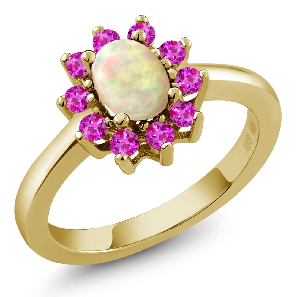 1.01 Ct Oval Cabochon White Ethiopian Opal Pink Sapphire 18K Yellow Gold Ring by
