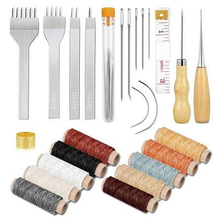 37Pcs Leather Waxed Thread Craft Tool DIY Sewing Accessories Leather Hand Sewing Needles Awl Sewing Thimble Tape Measure for Leather Carpet Canvas DIY Sewing