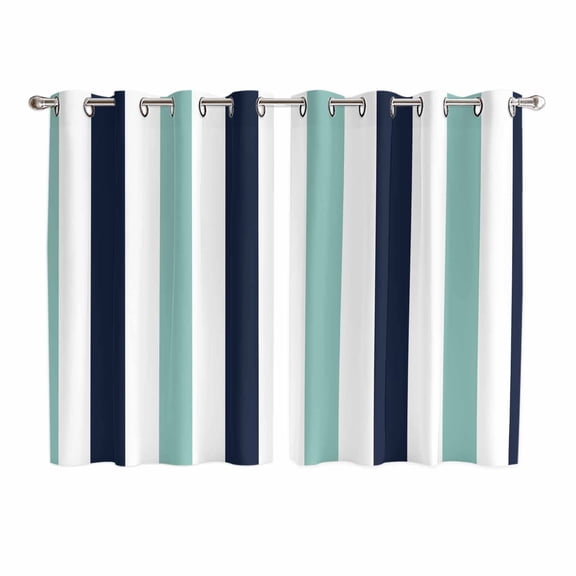 Turquoise Navy Blue Striped Kitchen Curtains 63 Inch Length, Farmhouse Stripe Art Grommet Top Bedroom Living Room Curtains, Light Filtering Cafe Curtain Drapes 2 Panels Set 104''x63''