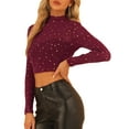 thumbnail image 4 of INSPIRE CHIC Women's Mock Neck Long Sleeve Stars Mesh See Through Cropped Blouse, 4 of 5