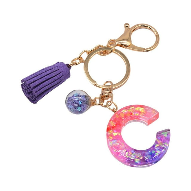 Hangs Pendant 2 Resin Glittering Letter Keychain with Color Stitching Flowing Design Purple Drop Glue English Character Key Chain