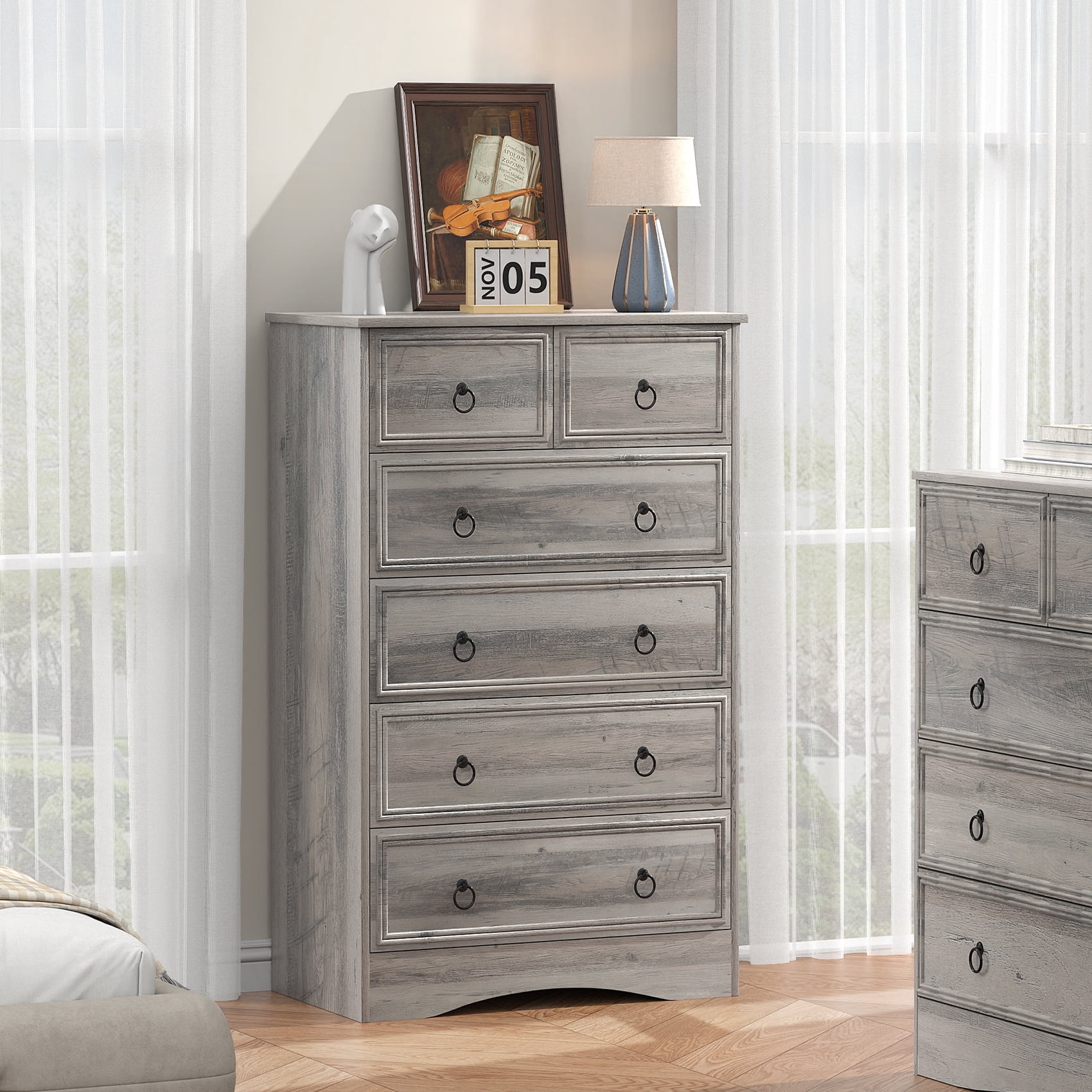 Frmobepts 6 Drawer Dresser, Tall Wood Chest of Drawers Dressers for Bedroom, Living Room, Gray