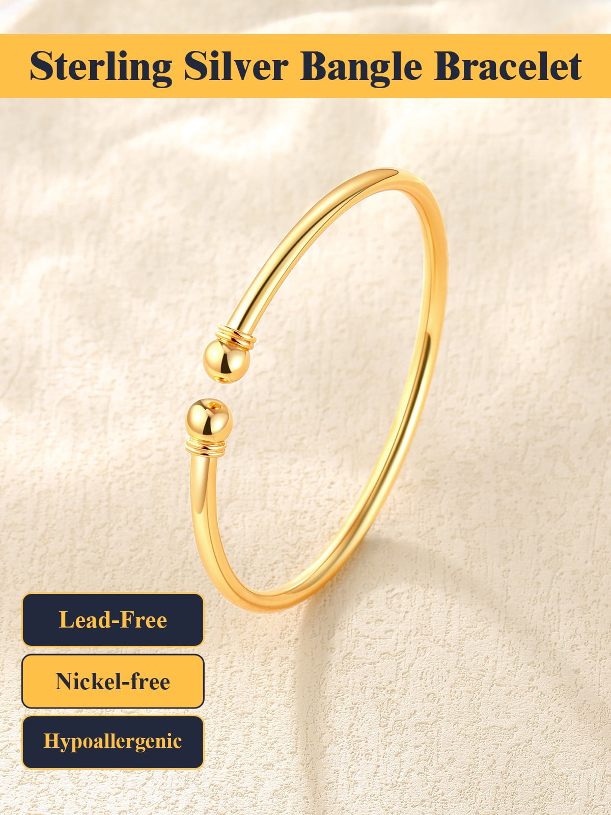 U7 Womens Bracelets 925 Sterling Silver Open Bangle Bracelet 7mm Round Ball Gold Plated Cuff Bangle Gift for Daughter