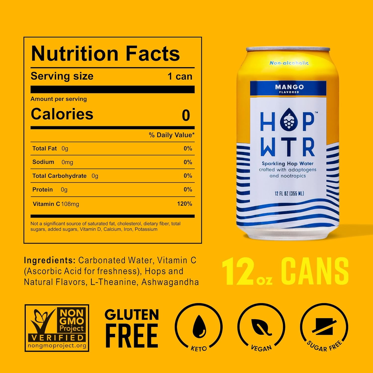 HopWtr - Non-Alcoholic Sparkling Mango, 6-Pack, 12oz Cans