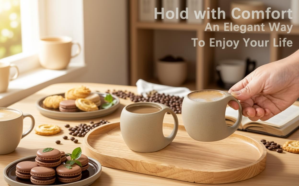 Ceramic Cappuccino Cups with Handles, Set of 4, 6 oz Clay Espresso Mugs for Double Shots, Small Coffee Cups for Latte, Cafe, Mocha, and Tea (Natural Beige)