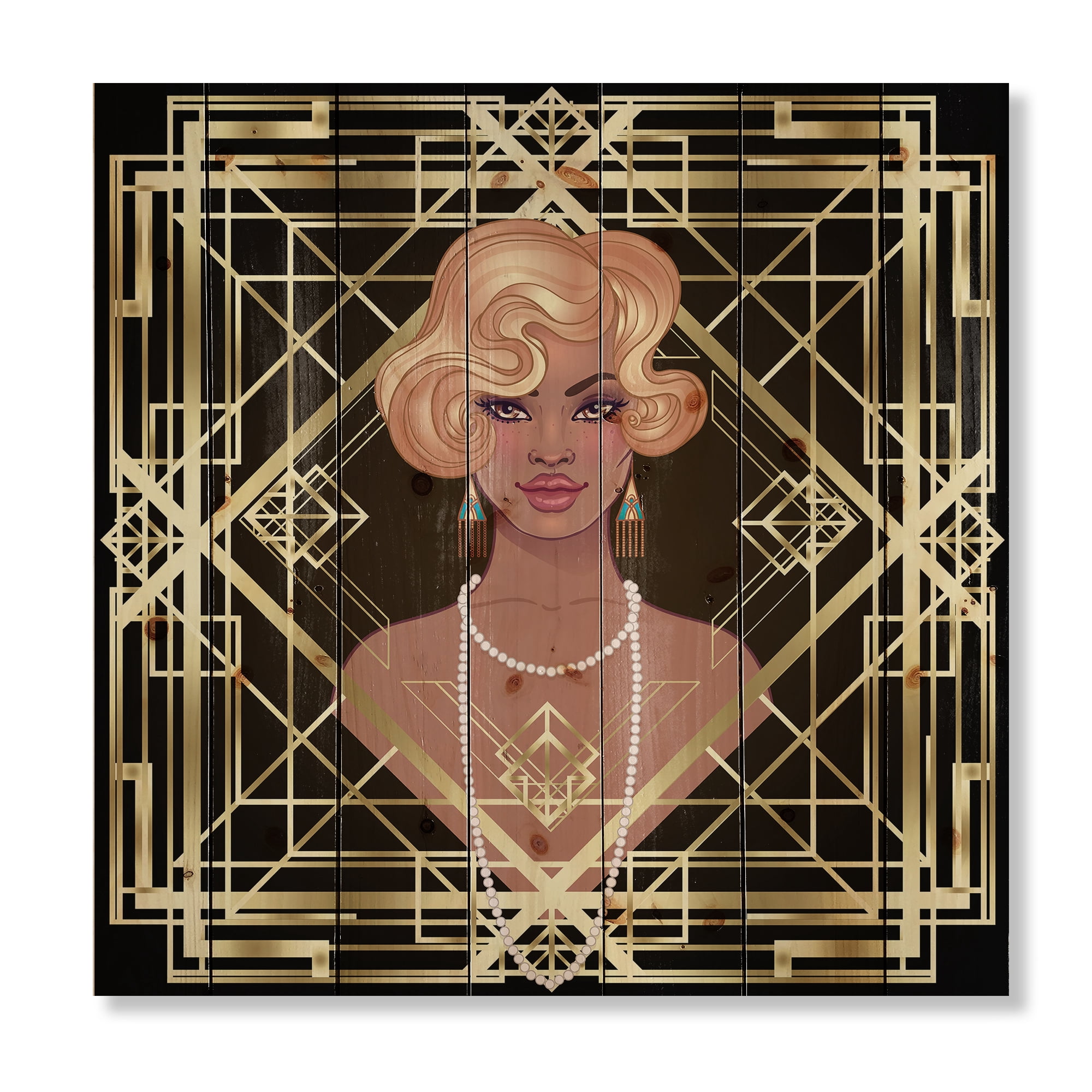 Designart 'Retro Girl In Golden Art Deco Geometrics III' Modern Print on Natural Pine Wood