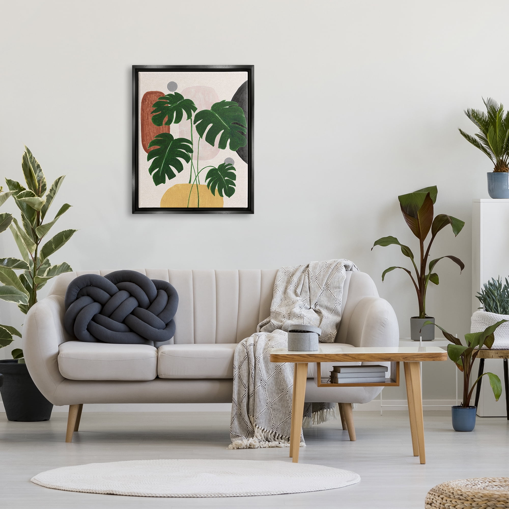 Stupell Industries Boho Monstera with Shapes Botanical & Floral Painting Black Floater Framed Canvas Art Print Wall Art, 25 x 31