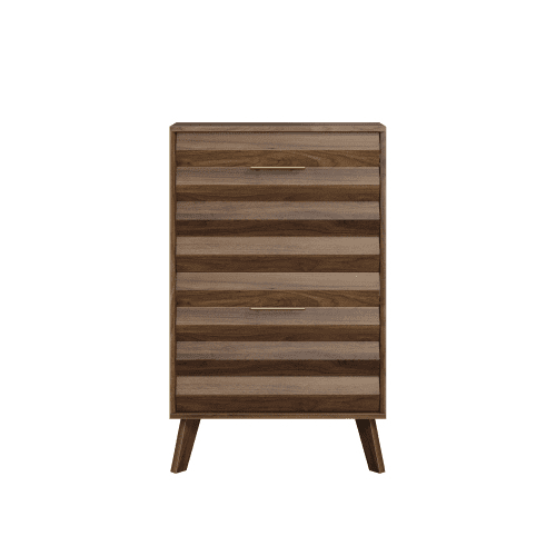23.6" Slim Flip-Top Shoe Cabinet, Walnut Wood Entryway Shoe Storage Cabinet with Double Tilt-Out Doors, Open Shelf, Mid-Century Modern Freestanding Shoe Organizer for Entryway & Hallway